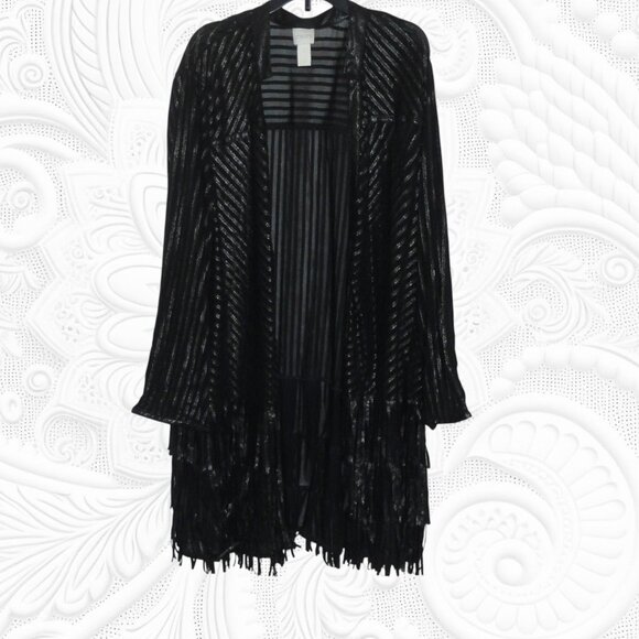 Chico's (Size 3) Black Striped Open Front See-Thru Top with Fringe - Picture 2 of 3